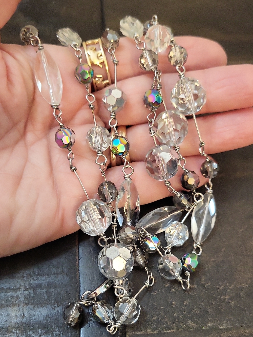 Vintage Cookie Lee Crystal Aurara Borealis Long Station Necklace